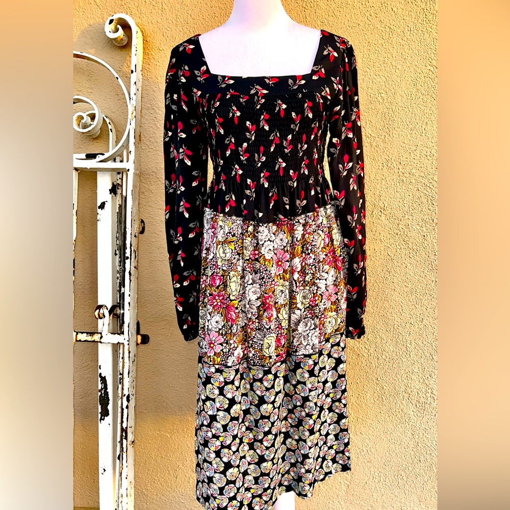 VICKY TIEL Boho Multi Fabric Smocked Tiered Dress!!! Size Small